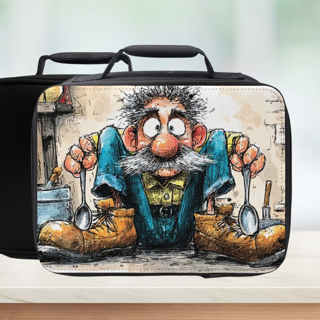 Lunch bag with a cartoon character design on a white background