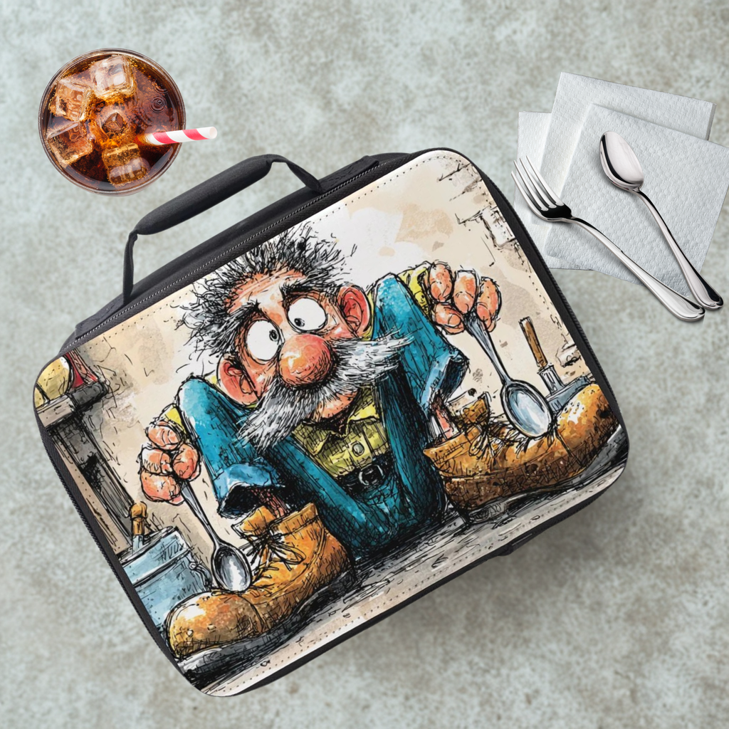 Lunch bag with a cartoon design of a  character holding spoons on a cafeteria table with a drink and utensils.