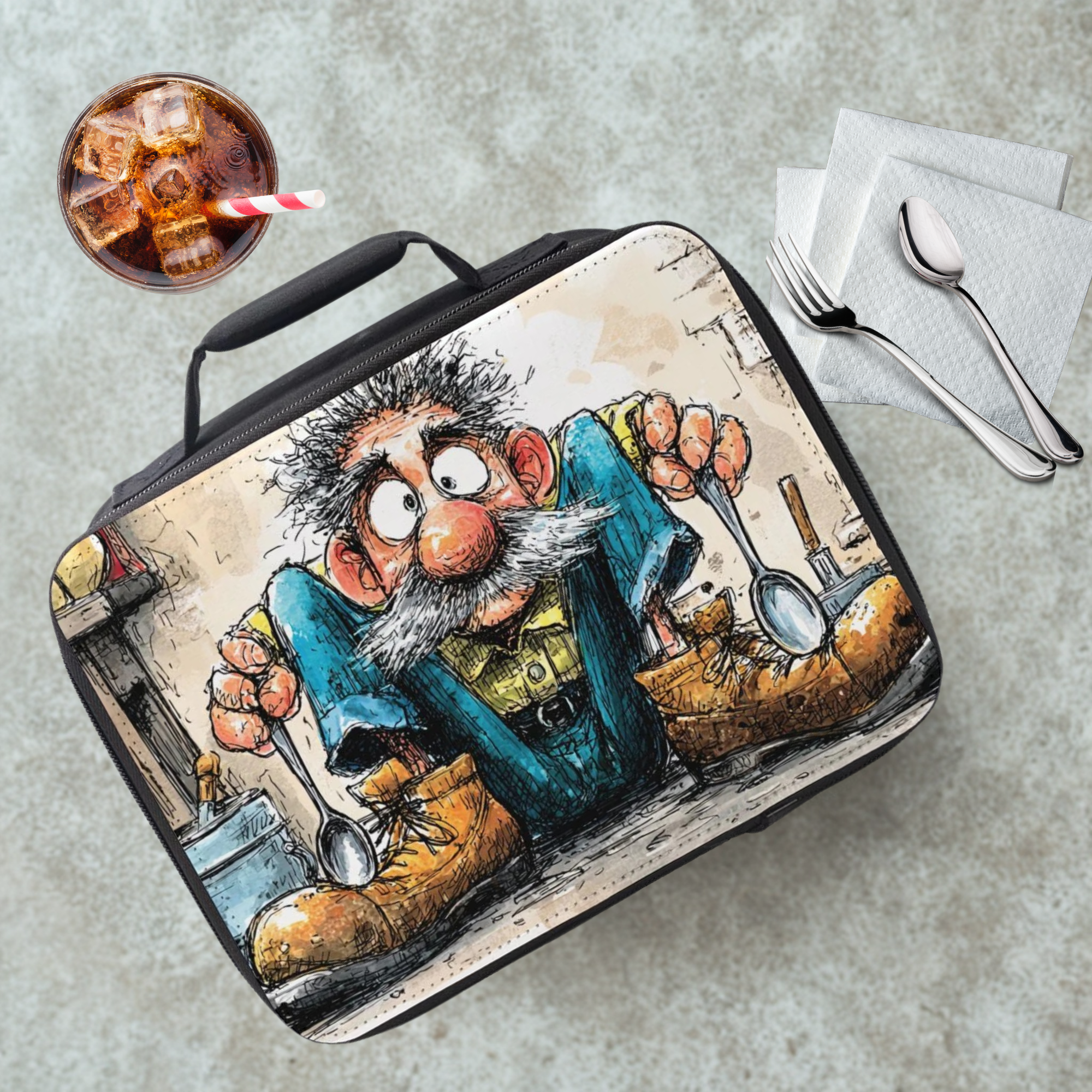 Lunch bag with a cartoon design of a  character holding spoons on a cafeteria table with a drink and utensils.