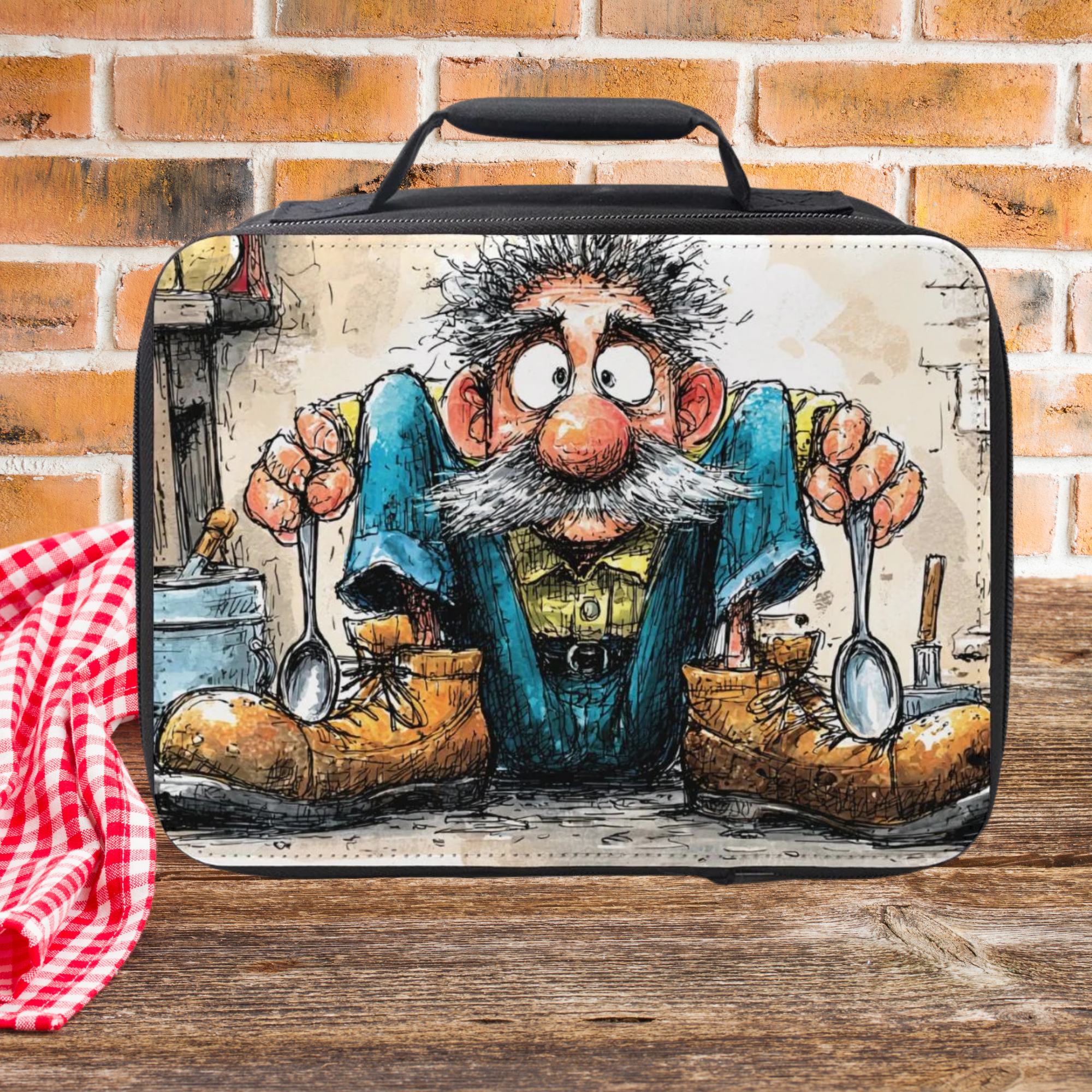 Lunch bag with cartoon character design on a wooden surface and brick wall background