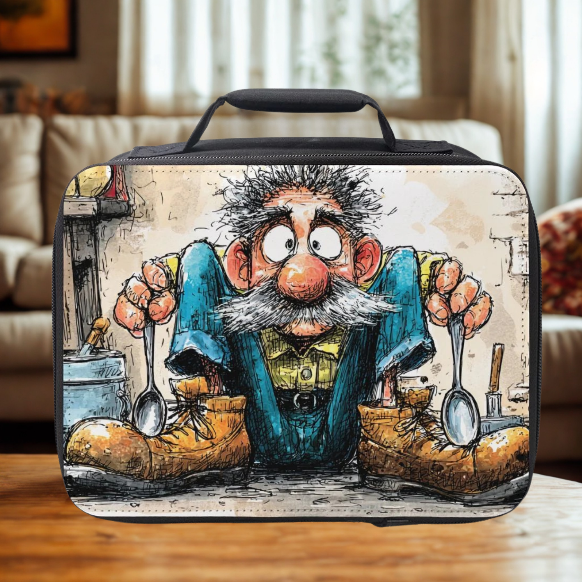 Lunch bag with a cartoon character design of a man holding spoons on a wooden living room table.