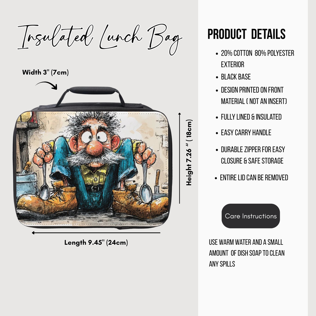 Insulated lunch bag with cartoon character design and product details on a white background