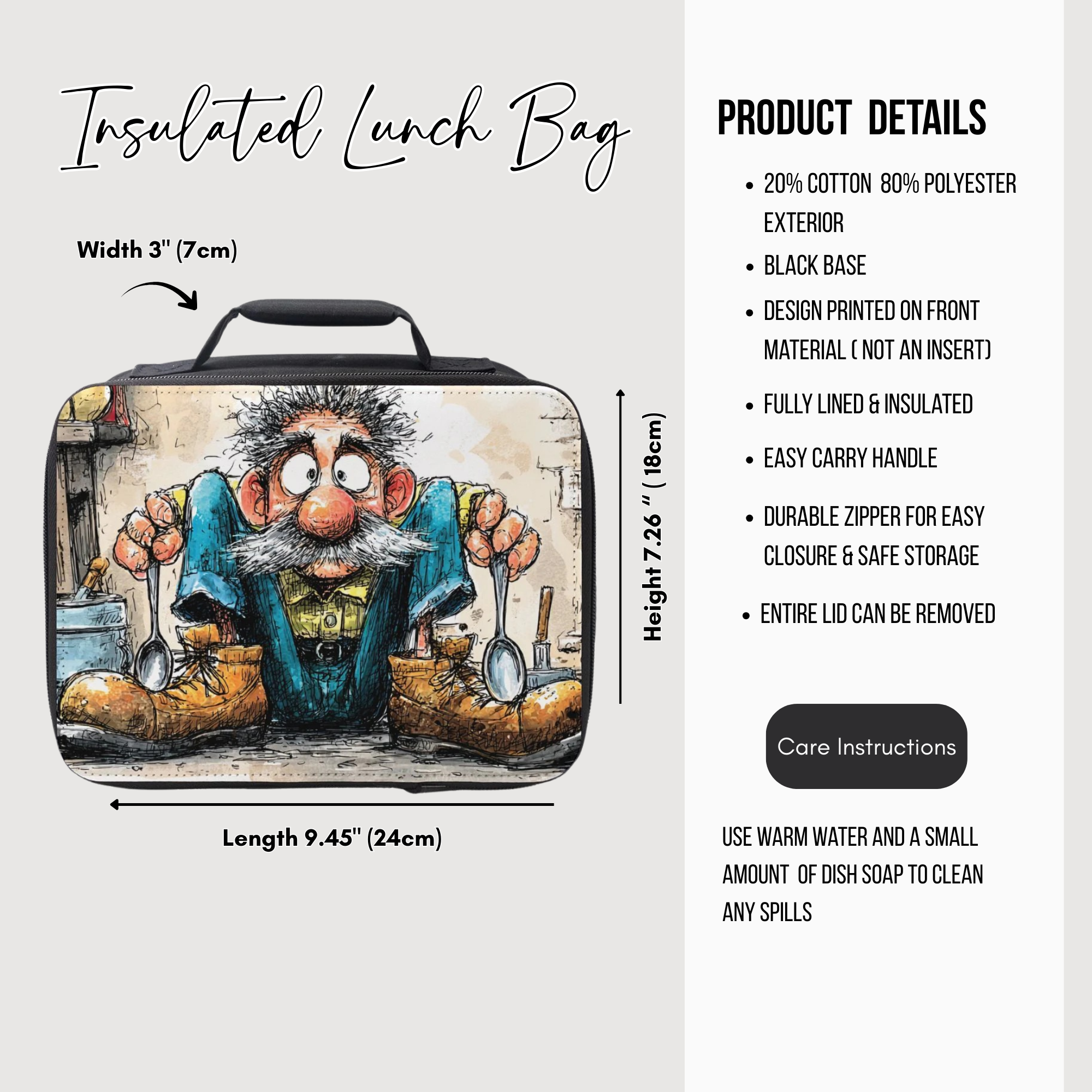 Insulated lunch bag with cartoon character design and product details on a white background