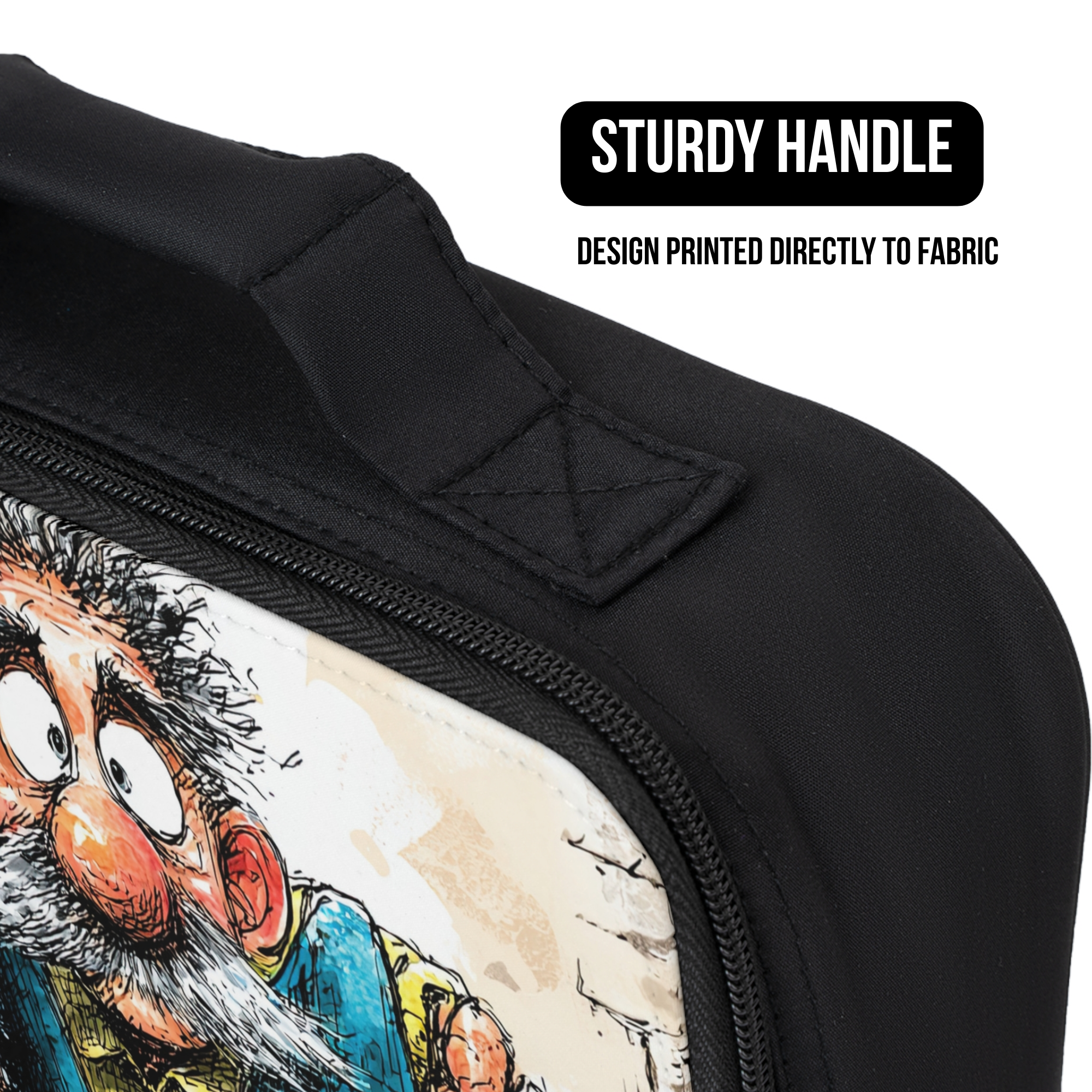 Black lunch bag with a printed design of a character on a white background
