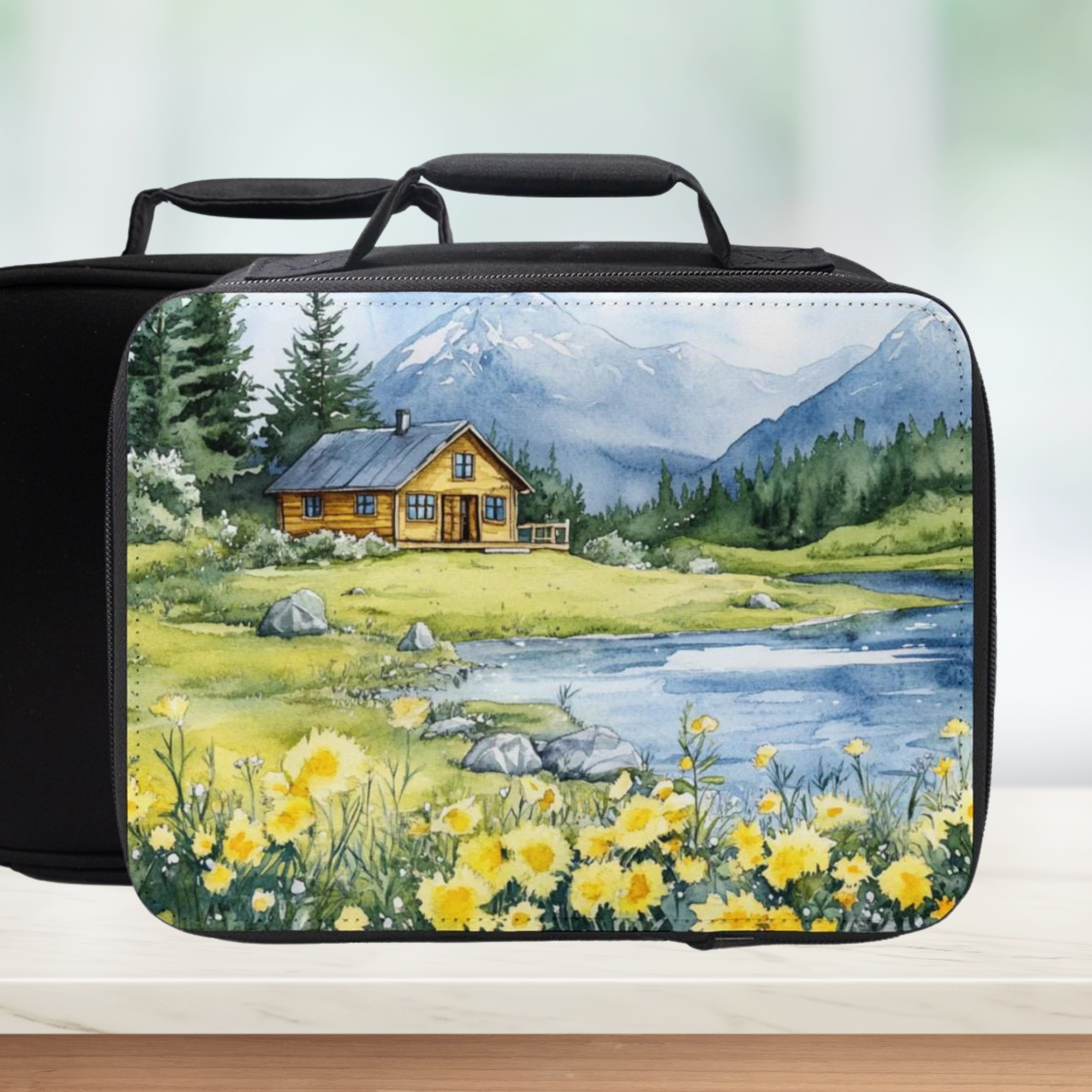 Black lunch bag with a scenic design of a cabin by a lake on a white background