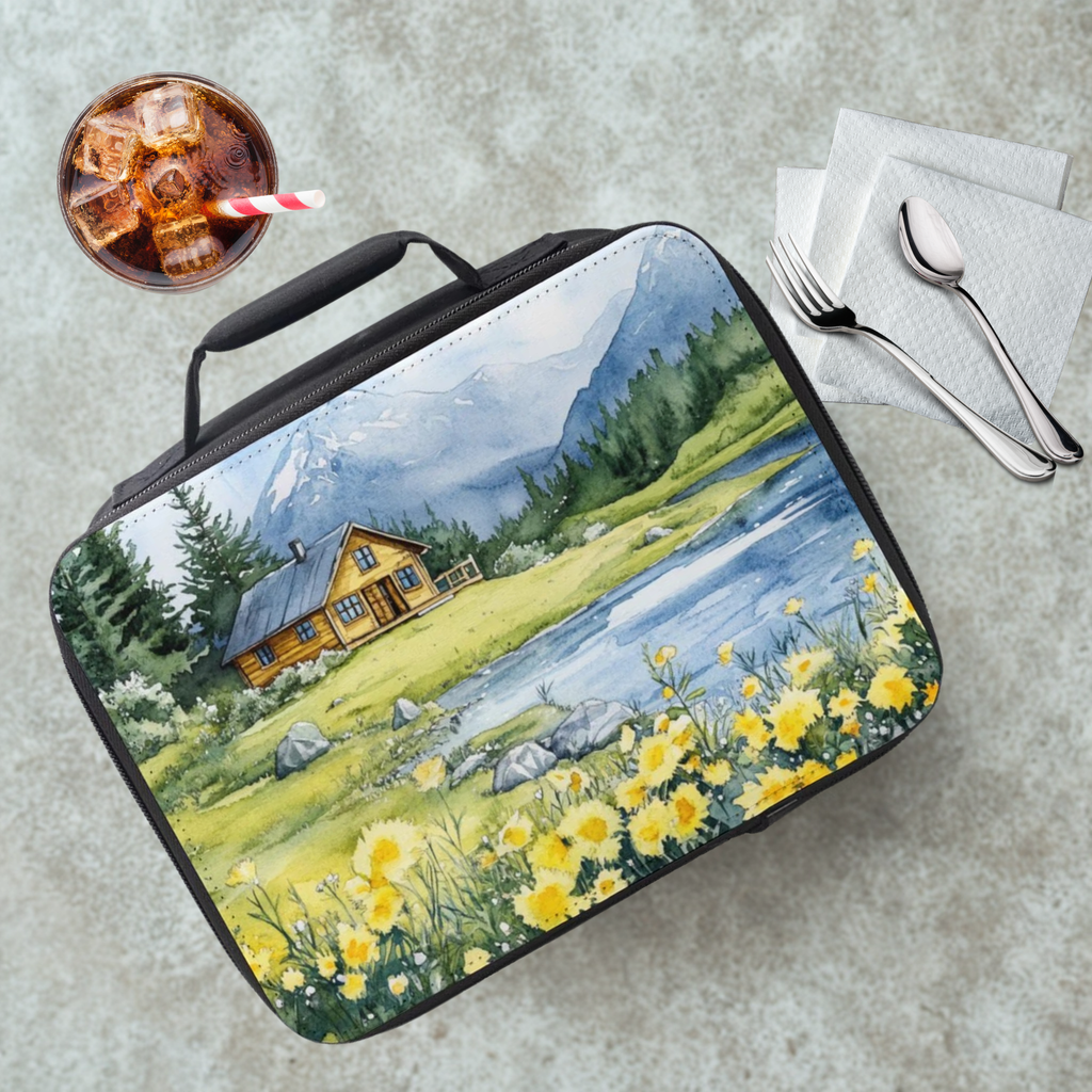 Lunch bag with nature design featuring a cabin and landscape, placed on a table with a drink and utensils.