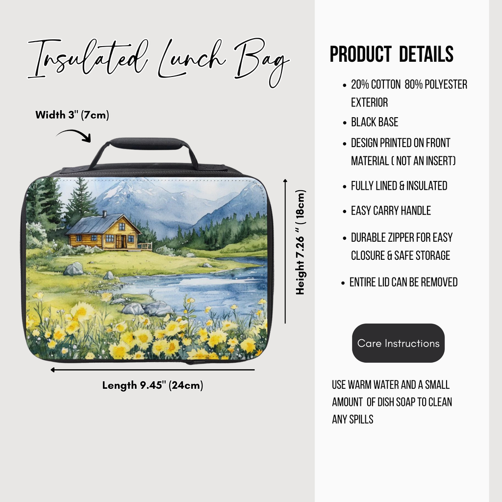 Insulated lunch bag with nature design of a cabin in the mountains in springtime and product details on a white background
