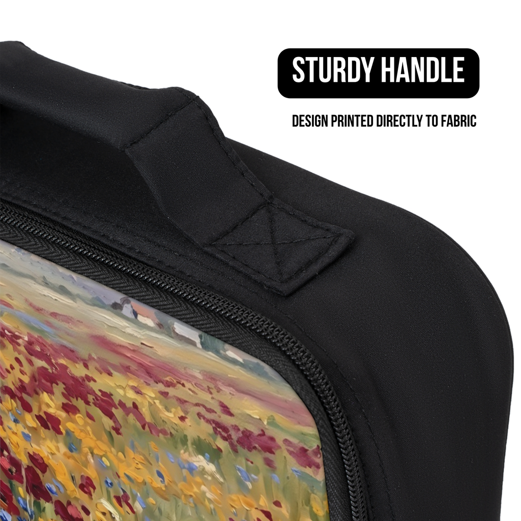 Black lunch bag with a colorful floral design on fabric, featuring a sturdy handle.