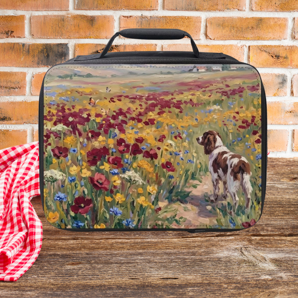 Lunch bag with a painting of a springer spaniel dog in a field of flowers on a wooden surface.