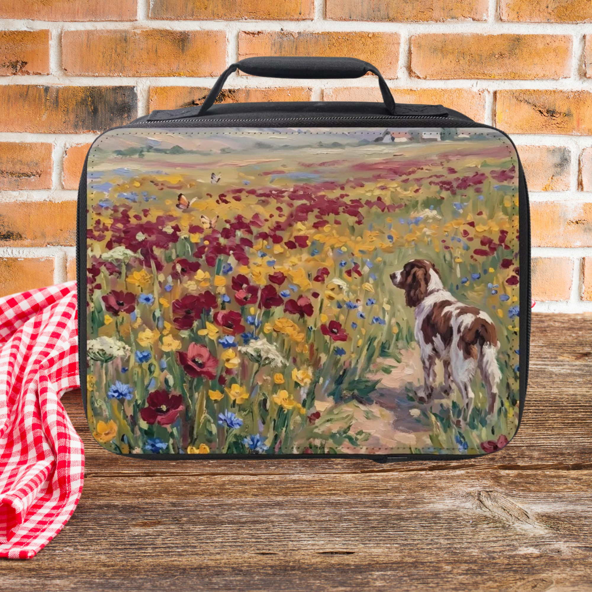 Lunch bag with a painting of a springer spaniel dog in a field of flowers on a wooden surface.