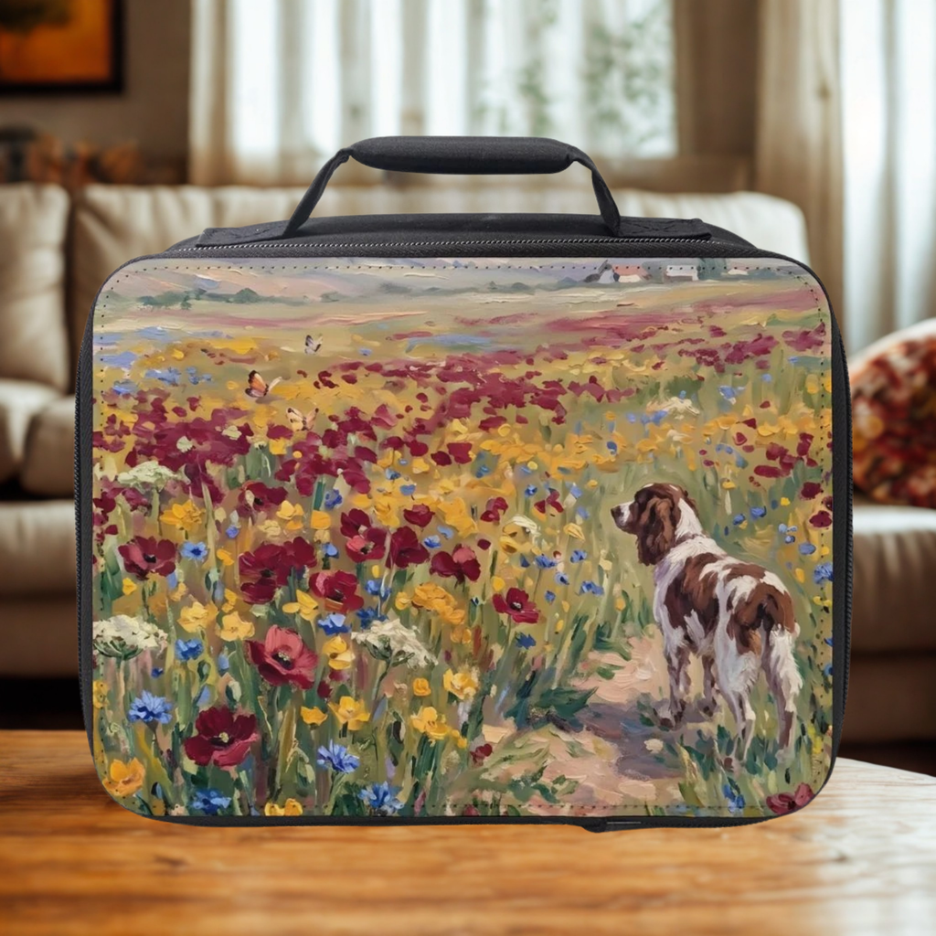  insulated lunch bag with a painting of a dog in a field of flowers on a wooden table.