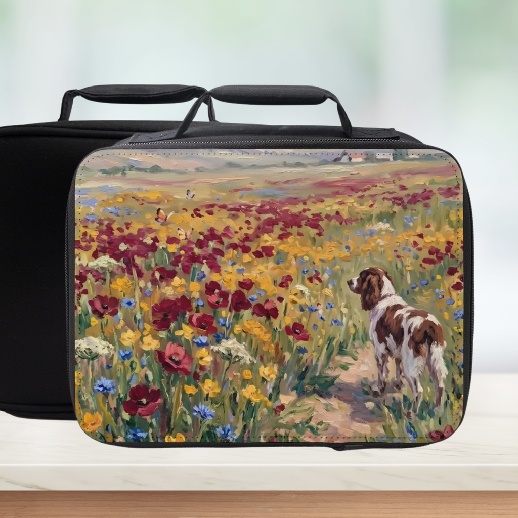 Rectangular lunch bag with a painting of a springer spaniel dog in a floral field on a white background