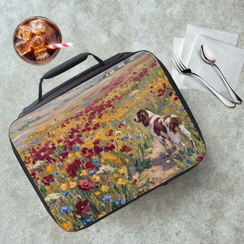 Lunch bag with a springer spaniel dog and floral design on a table with a drink and utensils.