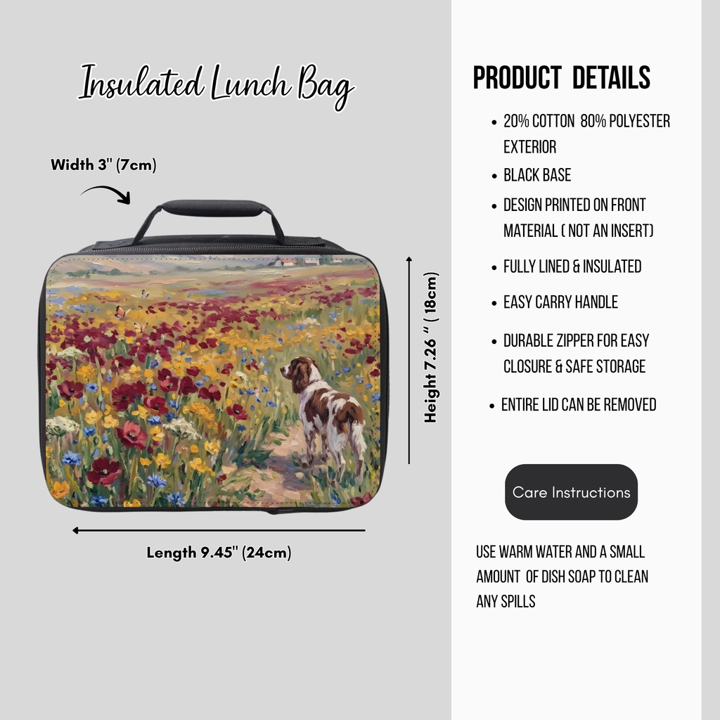 Insulated lunch bag with dog and floral design, featuring product details on a gray background.