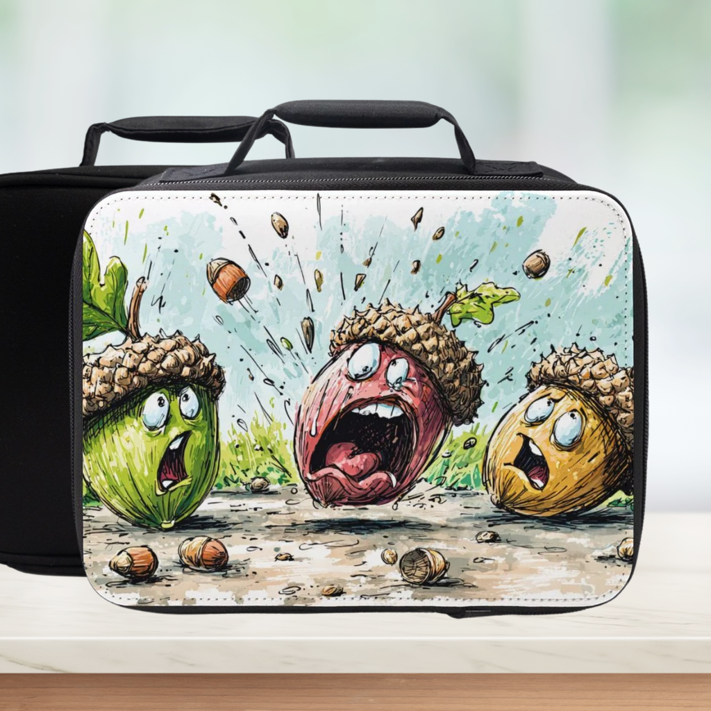 Black lunch bag with cartoon acorn character design featuring animated expressions on a white background