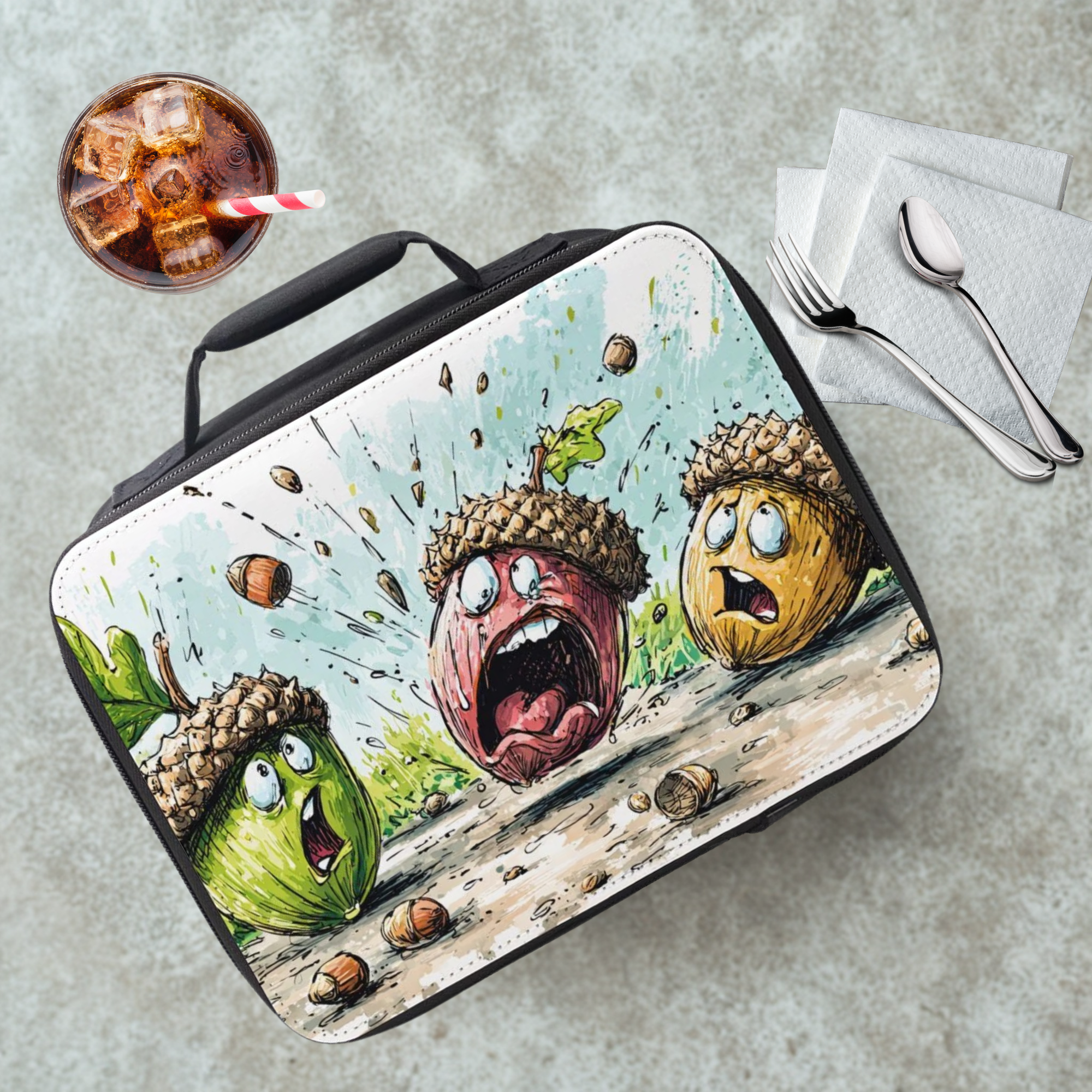 Lunch bag with cartoon acorns design on a cafeteria table with a drink and utensils.