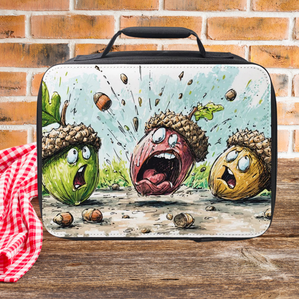 Lunch bag with cartoon acorn design on a wooden picnic table and brick wall background