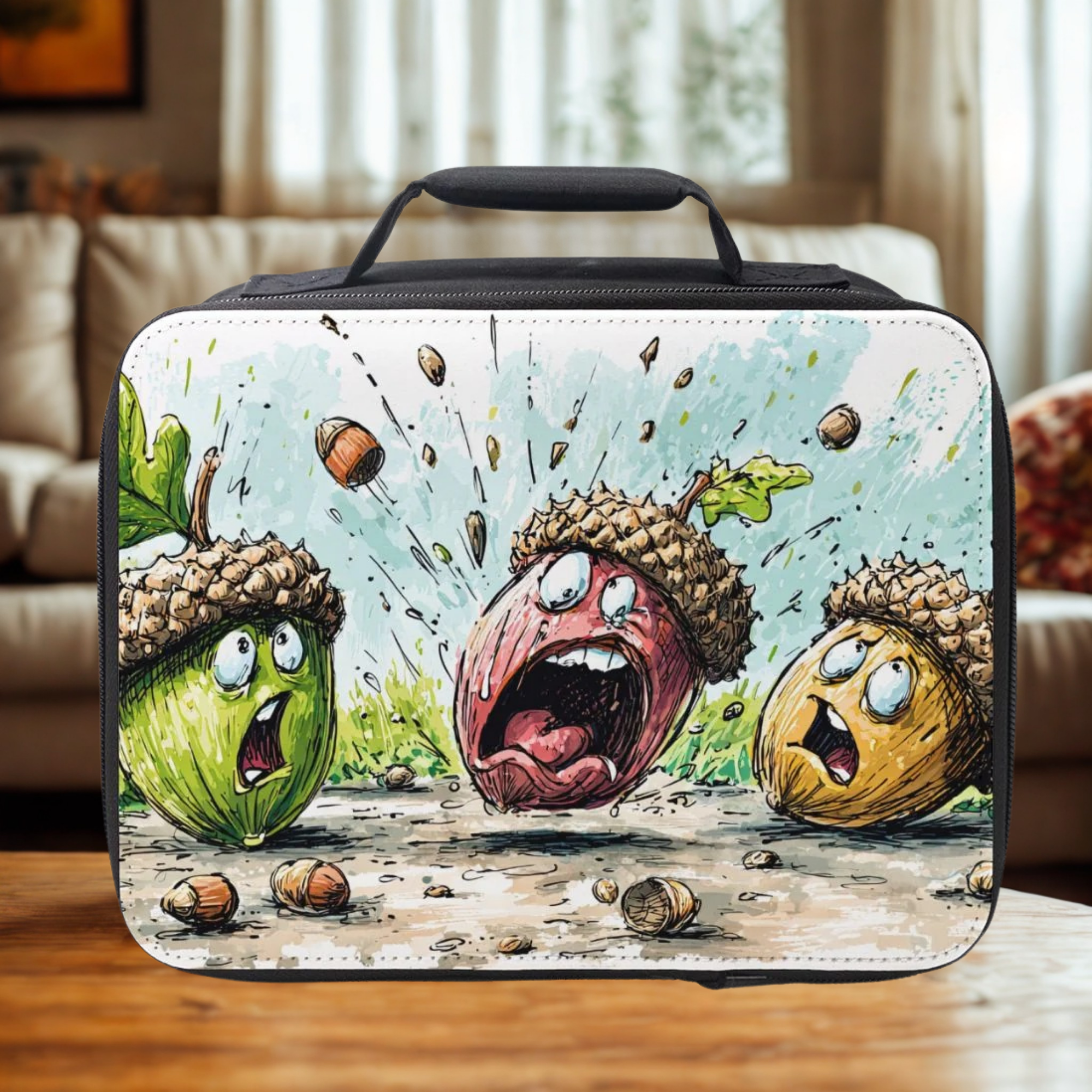 Lunch bag with cartoon acorns design on a wooden coffee table in a cozy living room.