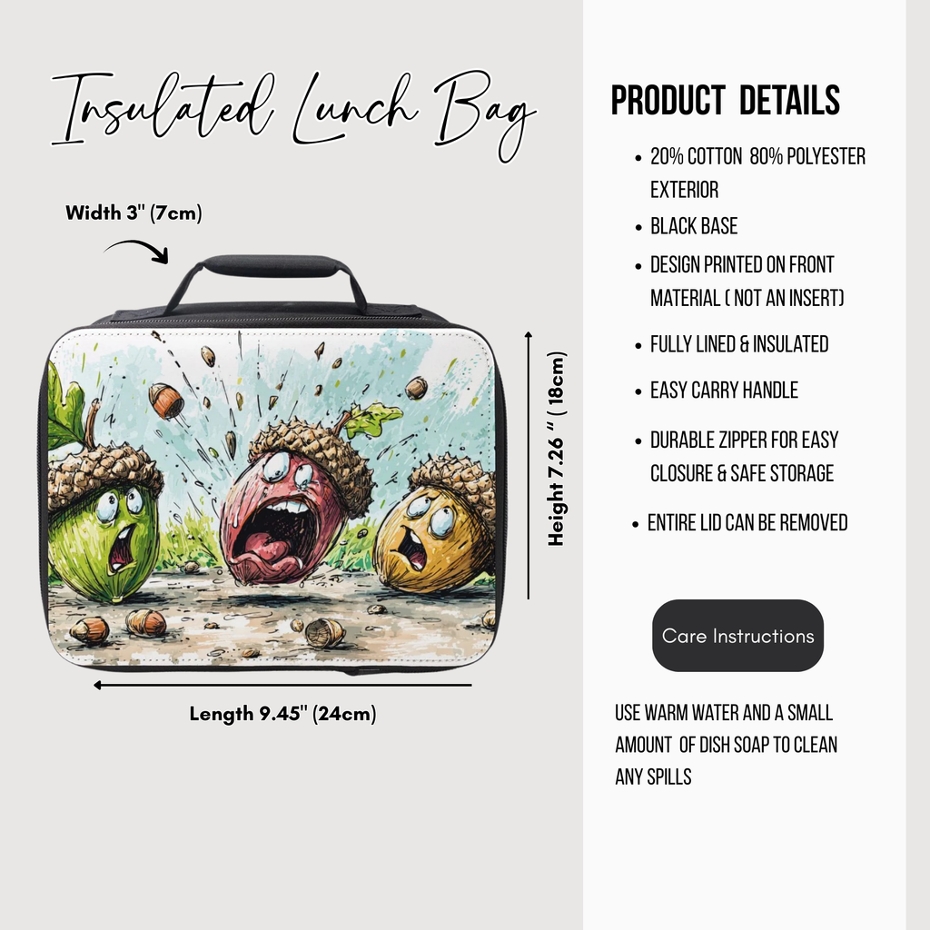 Insulated lunch bag with cartoon acorn design and product details on a white background