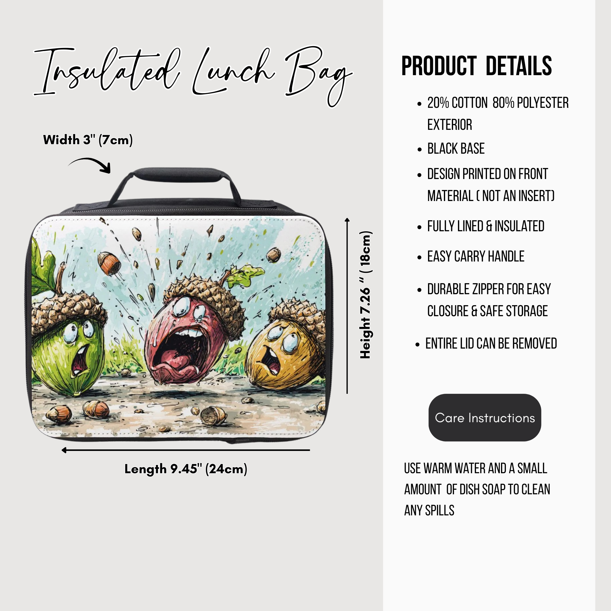 Insulated lunch bag with cartoon acorn design and product details on a white background