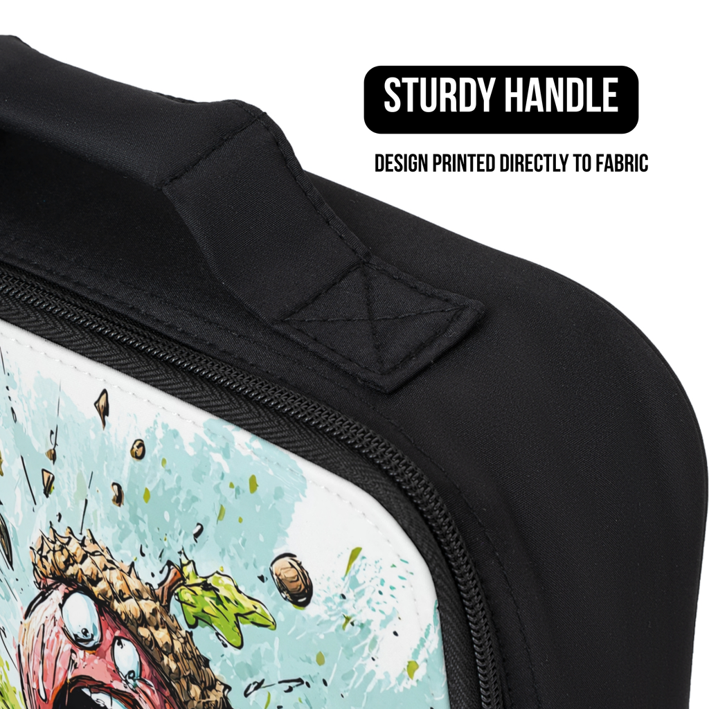 Black lunch bag with a printed design on fabric, featuring a sturdy handle.