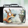 Black lunch bag with cartoon design of a squirrel and a pine cone on a white background