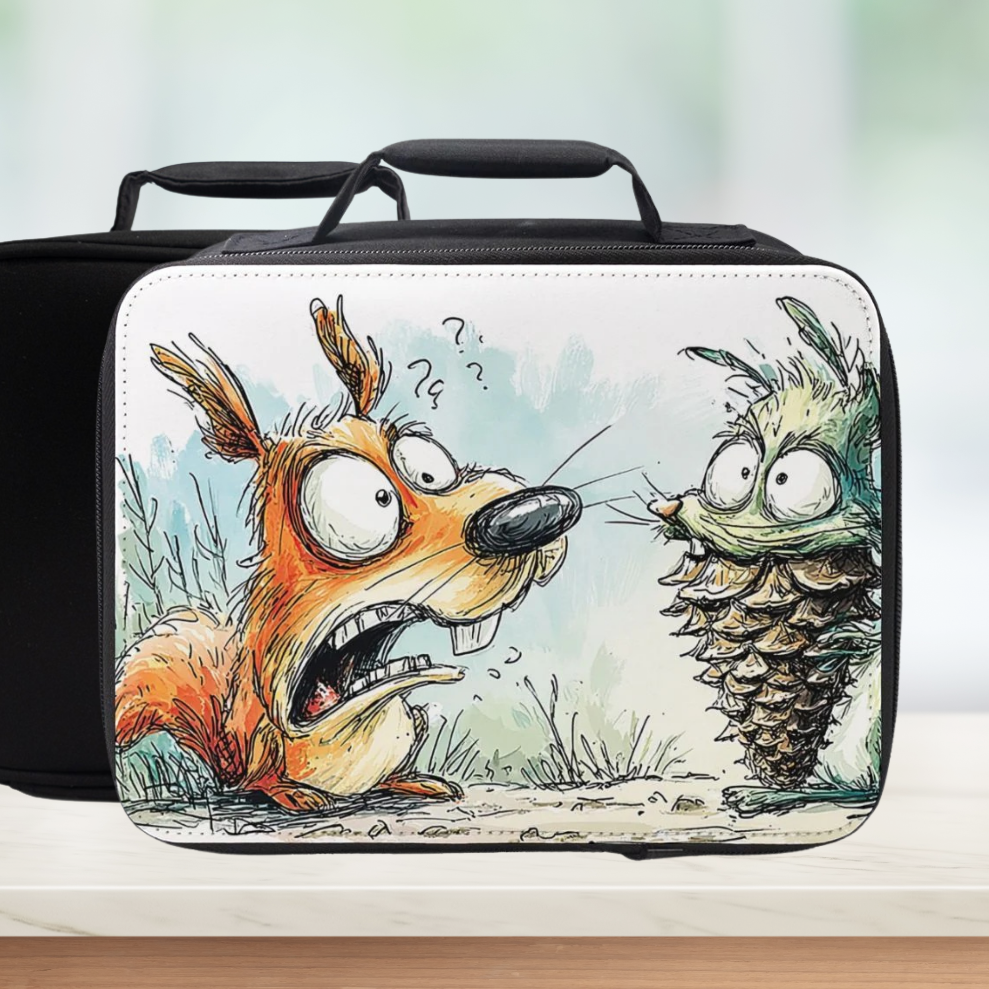 Black lunch bag with cartoon design of a squirrel and a pine cone on a white background