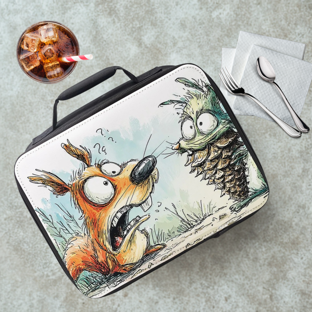 Lunch bag with cartoon design of a squirrel and a pine cone on a cafeteria table with a drink and utensils.