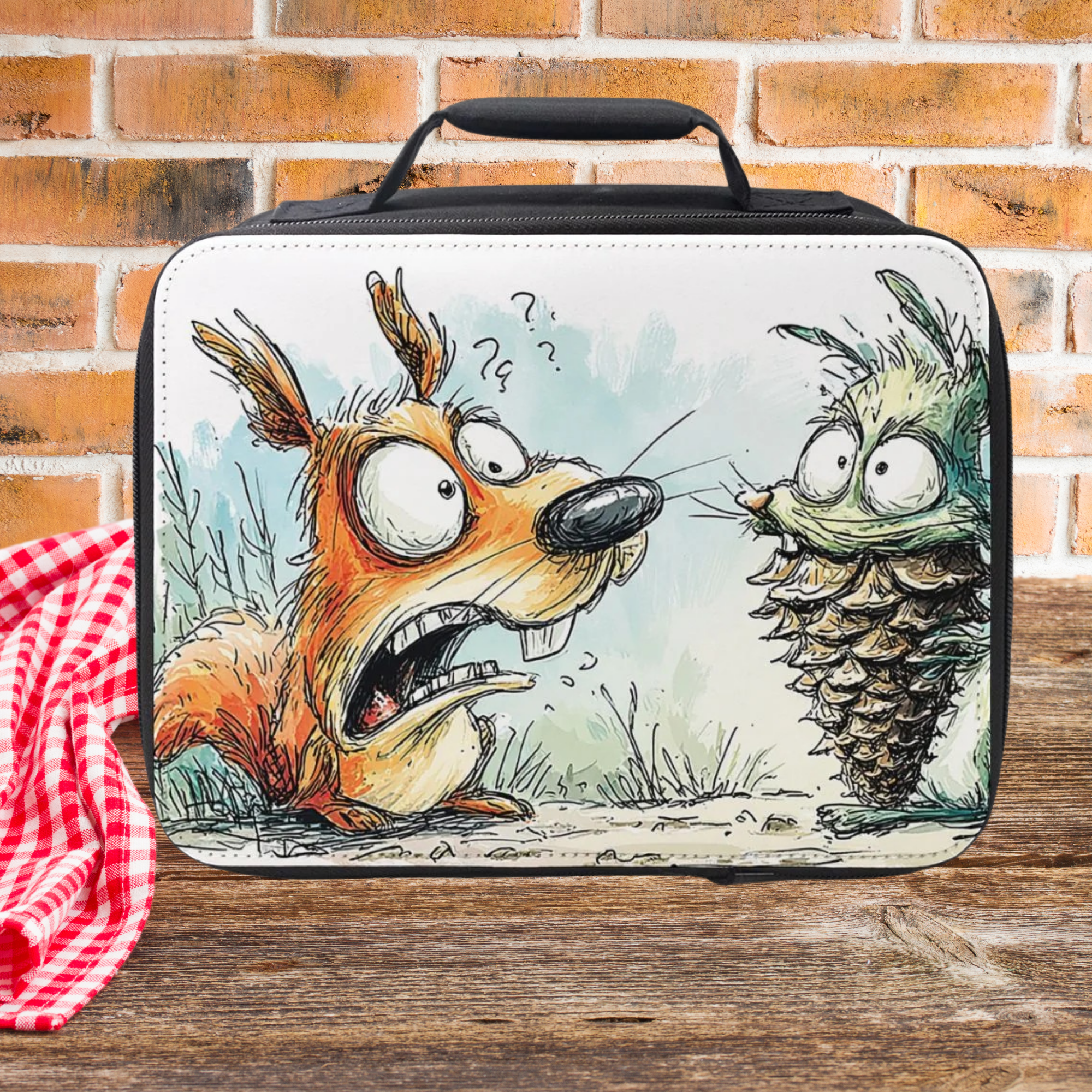 Lunch bag with cartoon design of a squirrel and a pine cone on a wooden picnic table and  brick wall background