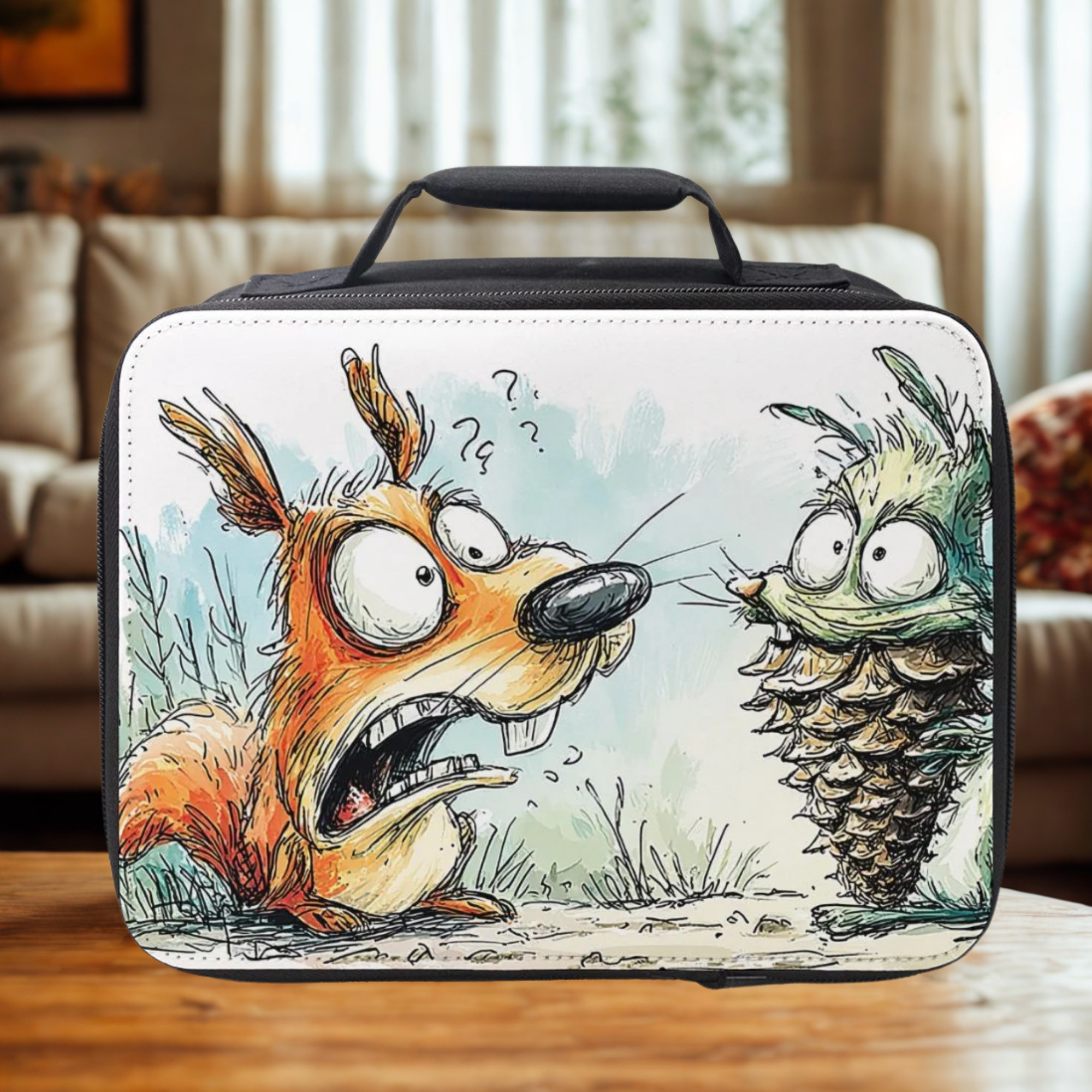  lunch box with cartoon design of a squirrel and a pine cone on a wooden living room table