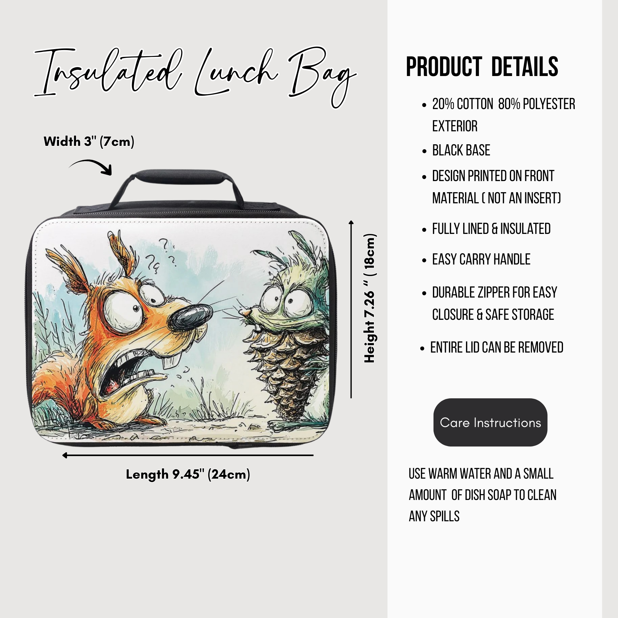 Insulated lunch bag with cartoon design of a squirrel and a pine cone, featuring product details on a white background.