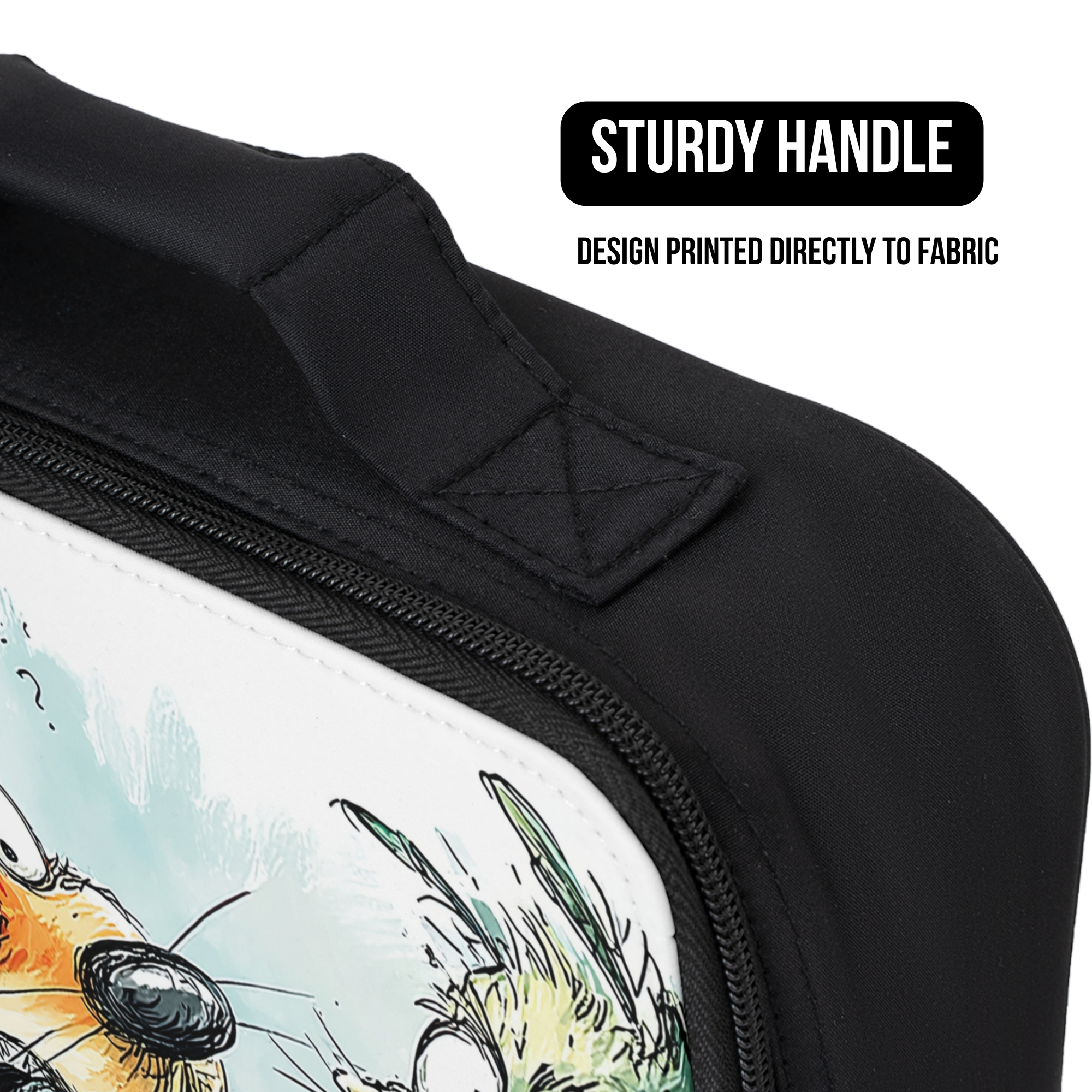 Black lunch bag with a printed design of a squirrel and pine cone characters, featuring a sturdy handle and the design printed directly to the fabric.