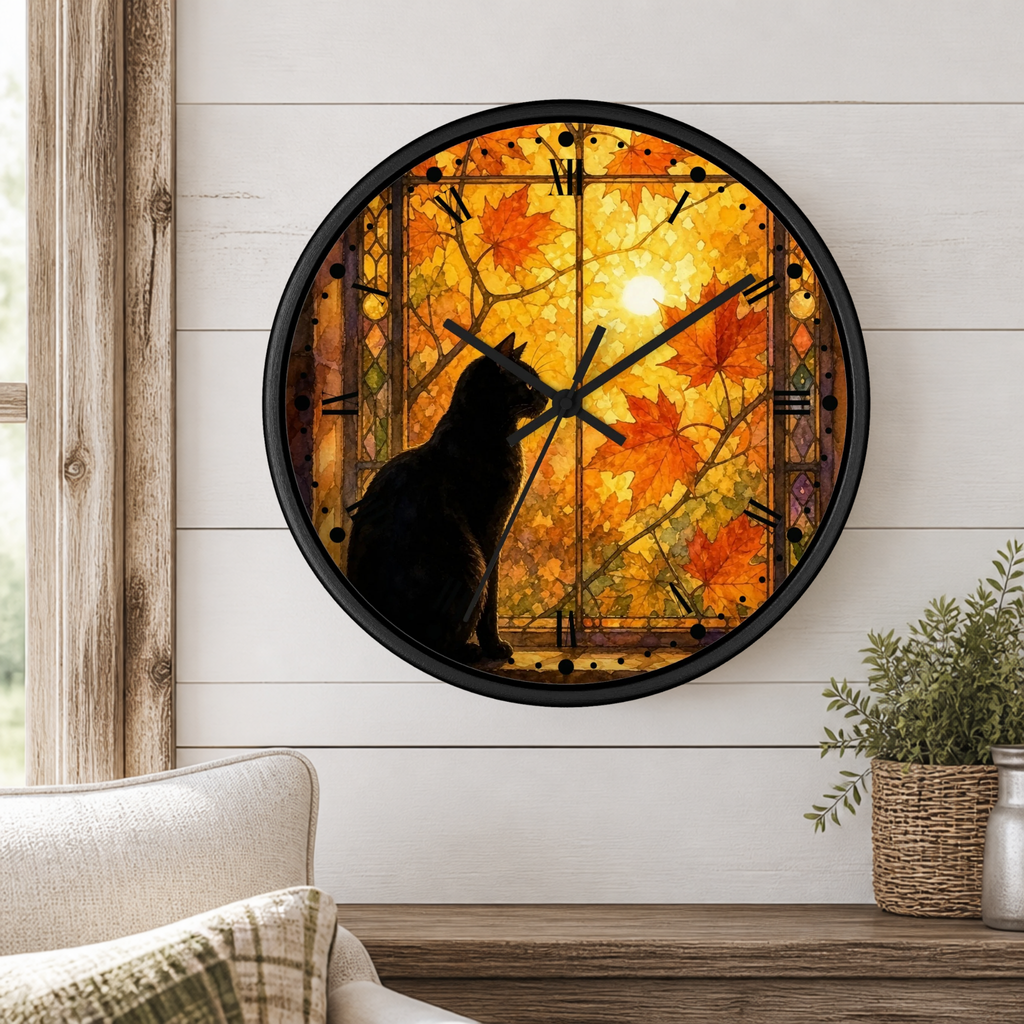 Window Cat Wall Clock — Black Cat Stained Glass Decor