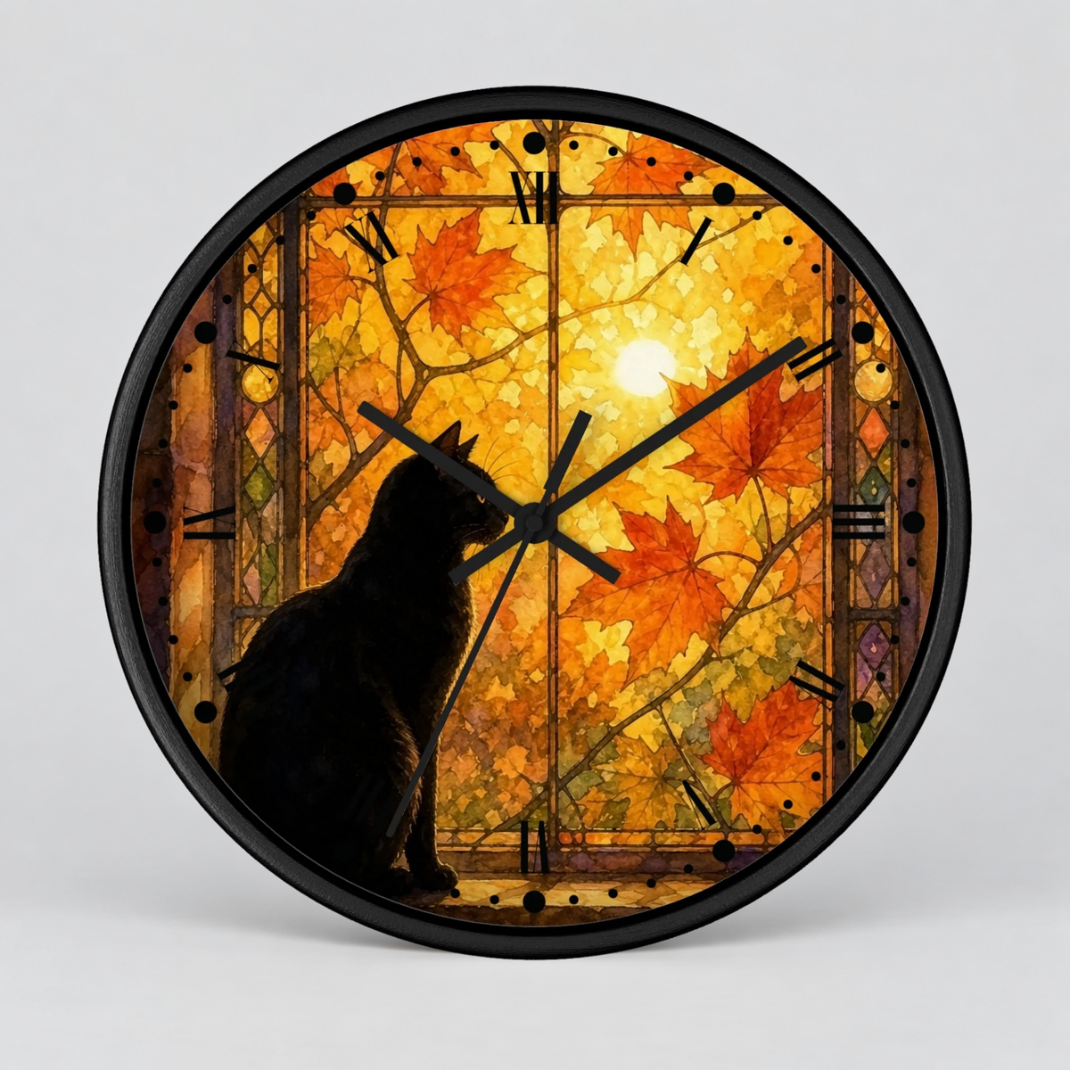 Window Cat Wall Clock — Black Cat Stained Glass Decor