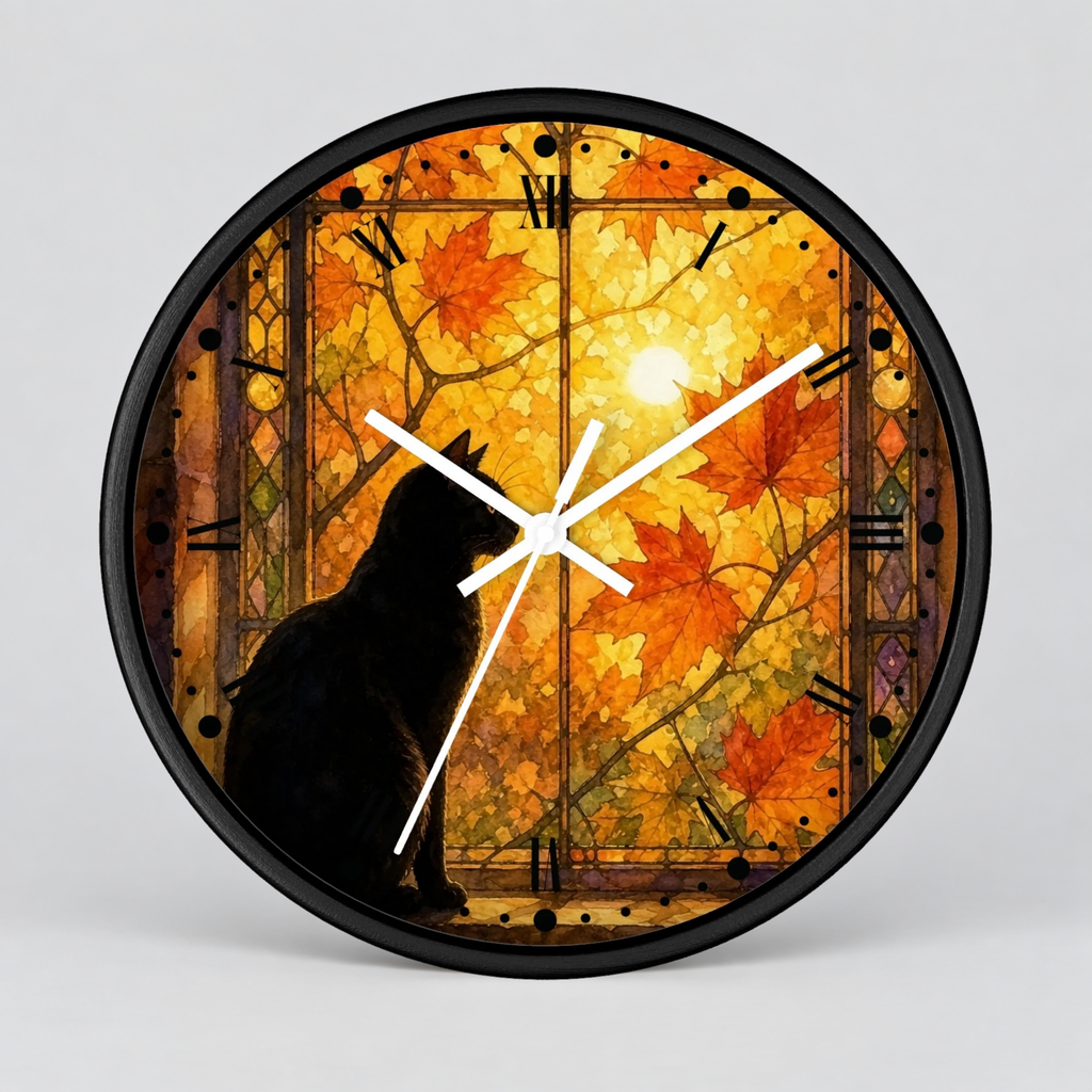 Window Cat Wall Clock — Black Cat Stained Glass Decor