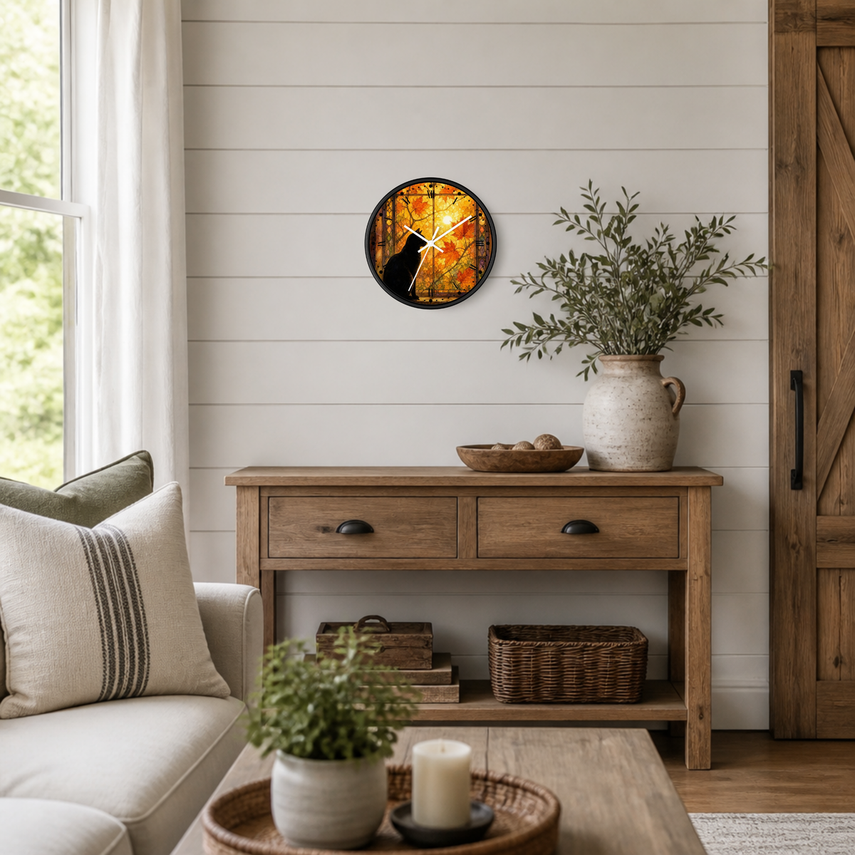 Window Cat Wall Clock — Black Cat Stained Glass Decor