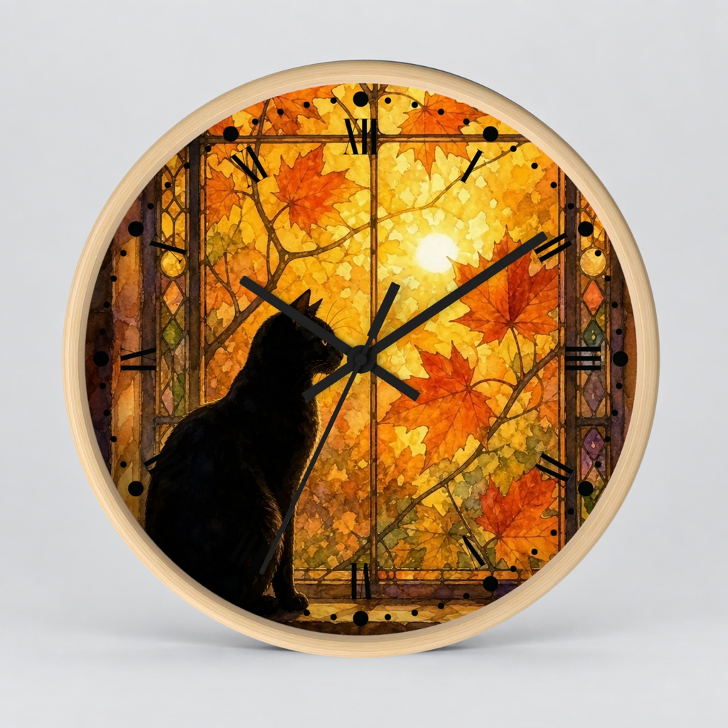 Window Cat Wall Clock — Black Cat Stained Glass Decor