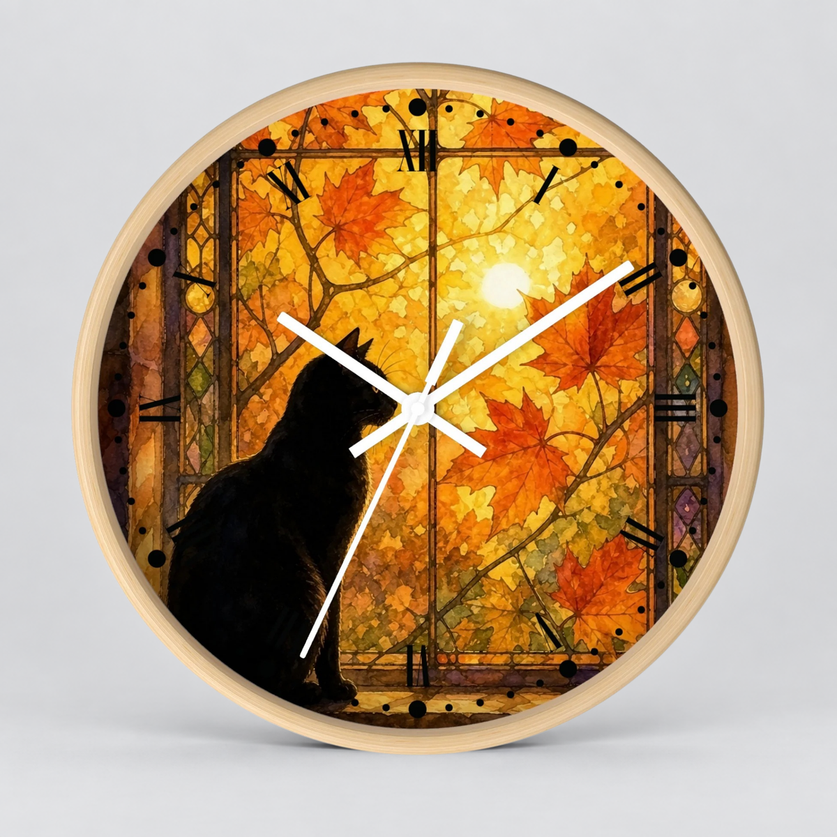 Window Cat Wall Clock — Black Cat Stained Glass Decor