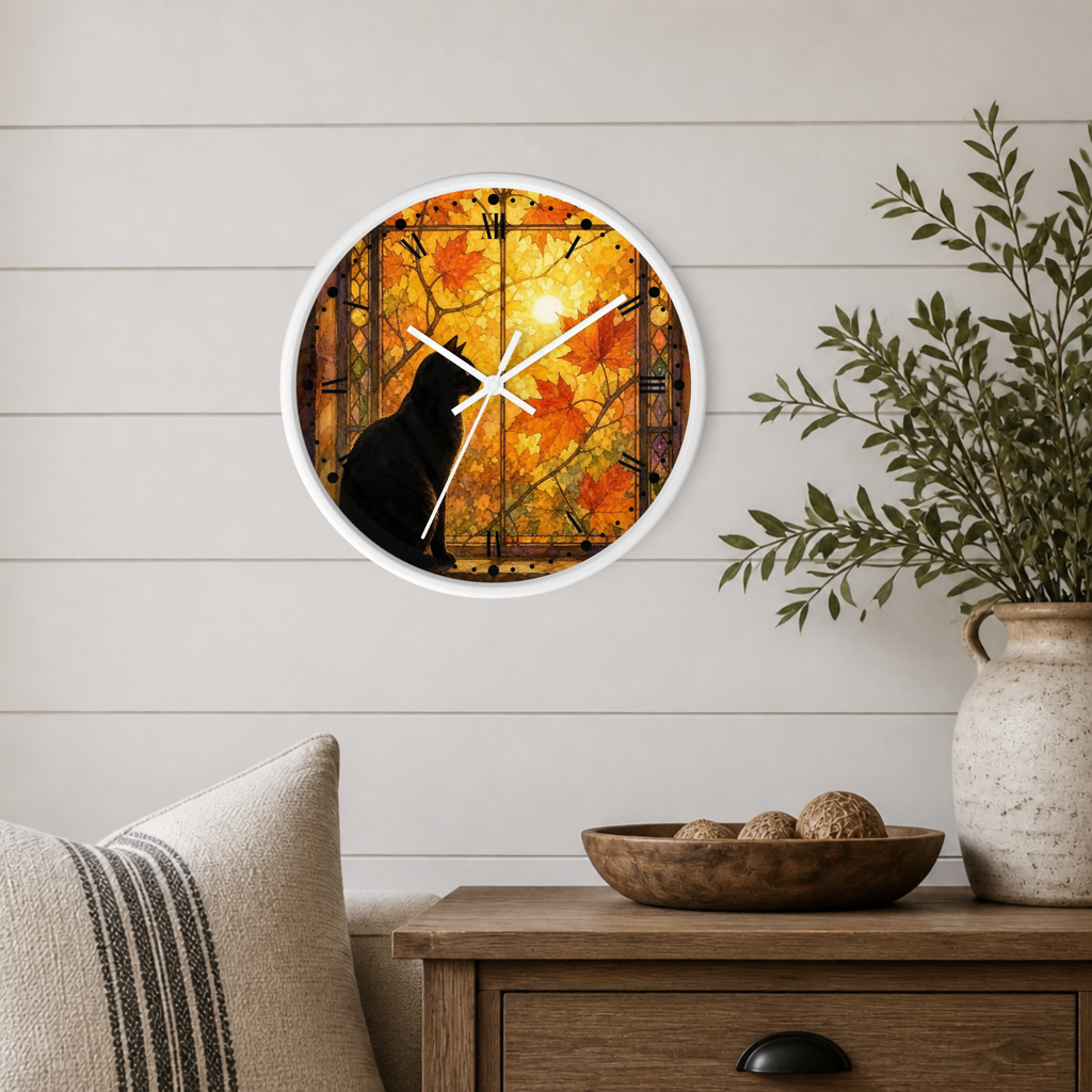 Window Cat Wall Clock — Black Cat Stained Glass Decor