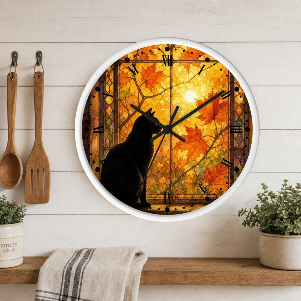 Window Cat Wall Clock — Black Cat Stained Glass Decor