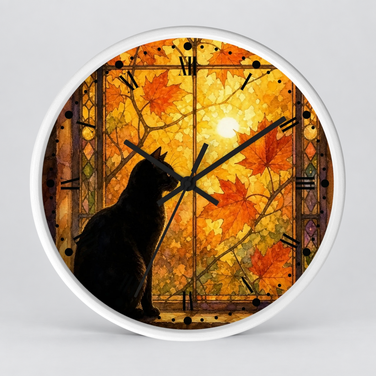 Window Cat Wall Clock — Black Cat Stained Glass Decor