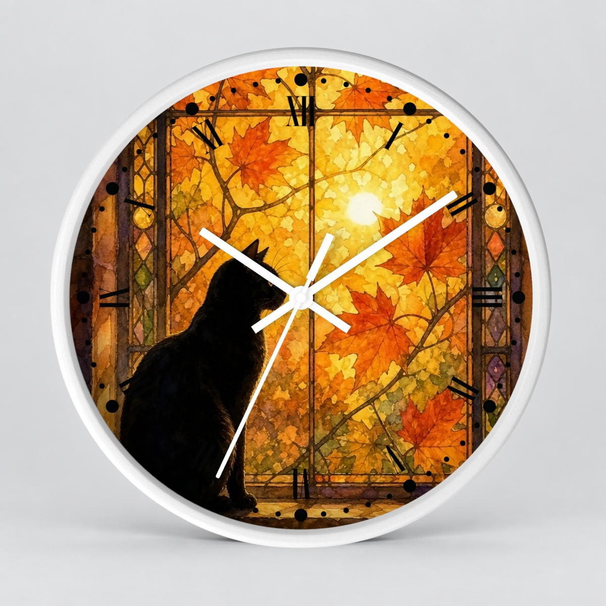 Window Cat Wall Clock — Black Cat Stained Glass Decor