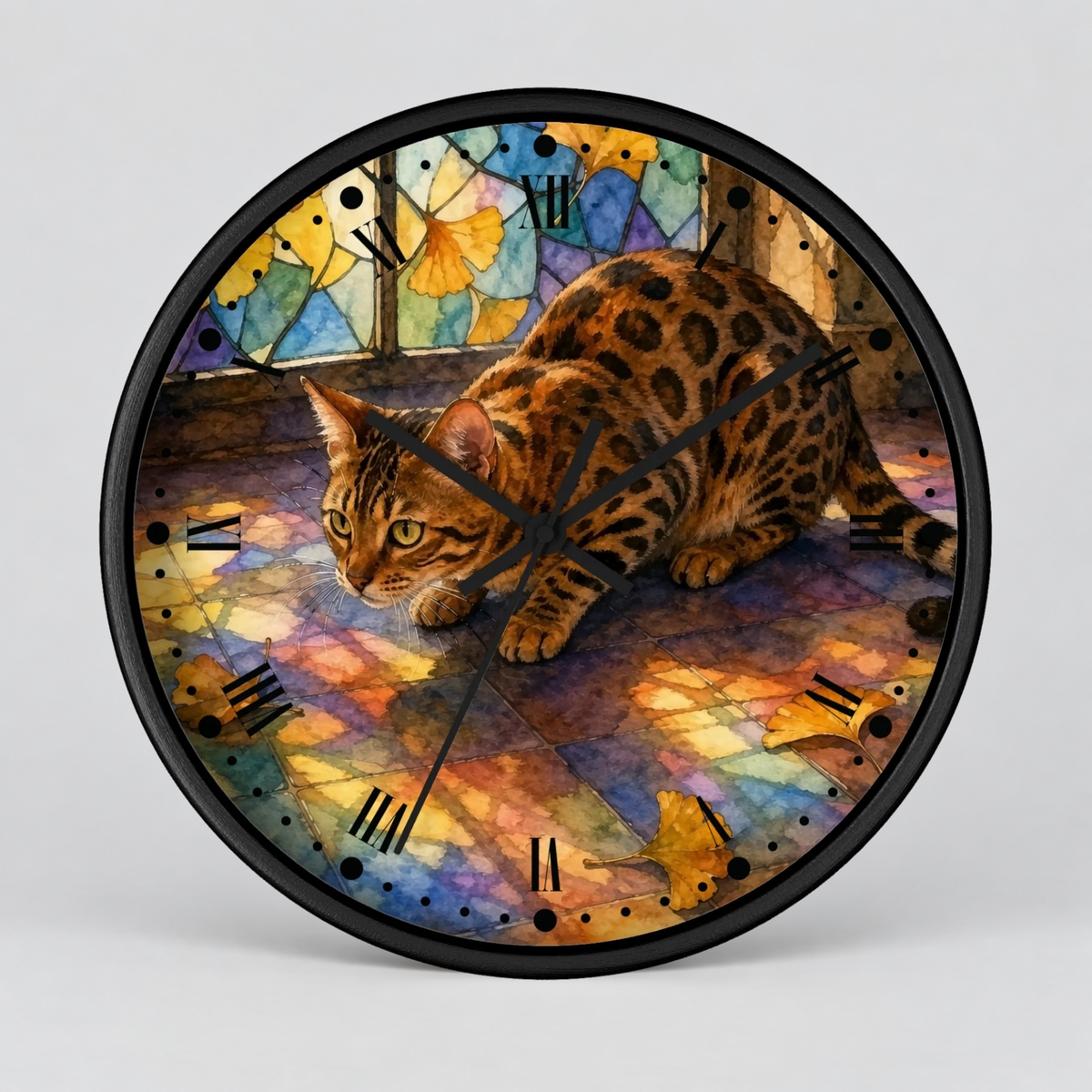 A round wall clock with a black frame and a printed design of a spotted cat over a colorful stained-glass-style background with Roman numerals.