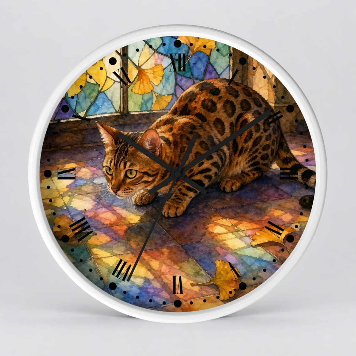 A round wall clock with a white frame and a printed design of a spotted cat lying on a colorful stained-glass floor. The clock is photographed against a light gray background.