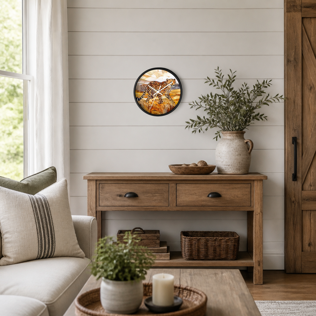 A round wall clock with a black frame and a warm-toned cheetah big cat print hangs on a white shiplap wall above a rustic wooden console table in a styled living room.
