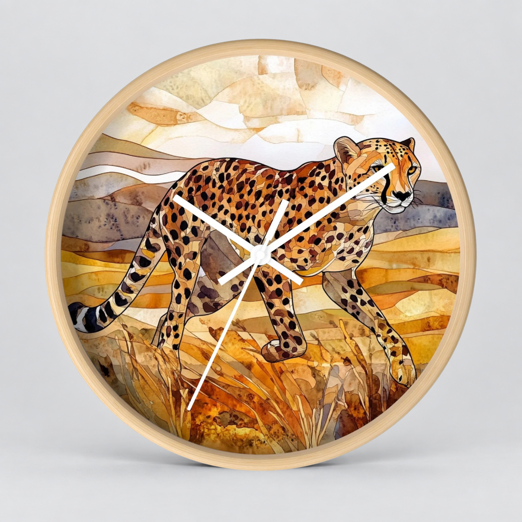 Round wall clock with a light natural wood frame and a watercolor-style illustration of a cheetah walking across a warm-toned savanna landscape. The clock has white hands and no visible brand text.