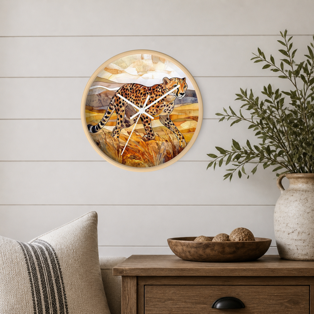 Round wall clock featuring a painted cheetah walking across a golden savanna, mounted on a white shiplap wall above a wooden side table with a vase and bowl.