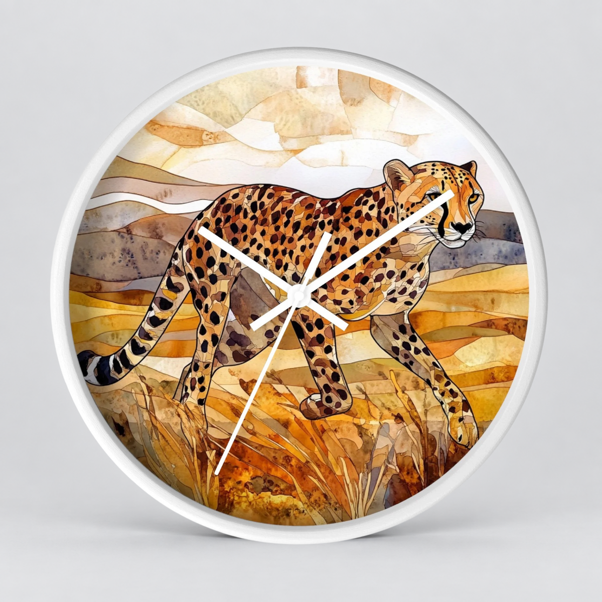Round wall clock with a white frame and a printed safari design featuring a cheetah walking across a warm-toned grassland. The clock hands are white and the background is a clean light gray studio backdrop.
