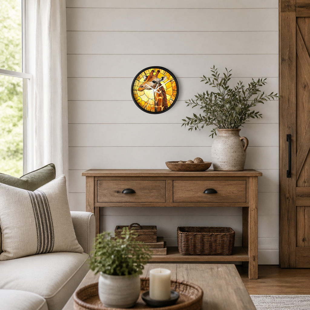 Giraffe Stained Glass Wall Clock — Rustic Safari Animal Home Decor