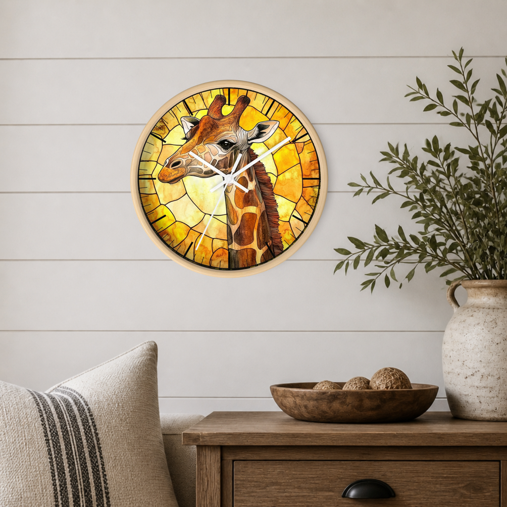 Giraffe Stained Glass Wall Clock — Rustic Safari Animal Home Decor